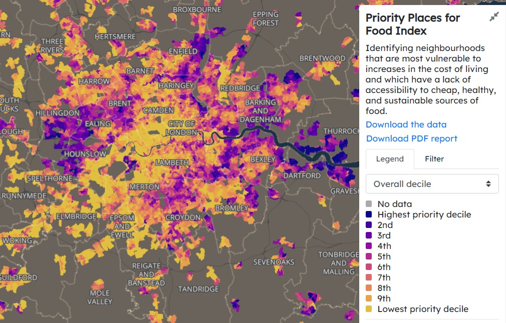 A map of London and surrounding areas showing places where residents are particularly vulnerable to cost of living increases and lack access to fresh, quality food. The Lea valley, west London, and parts of south and east London are especially vulnerable.