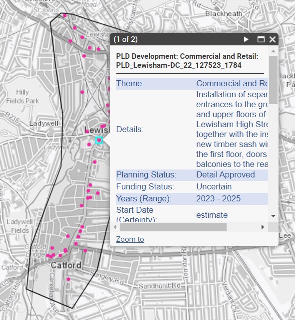 A map with dots representing planning applications around Lewisham town centre