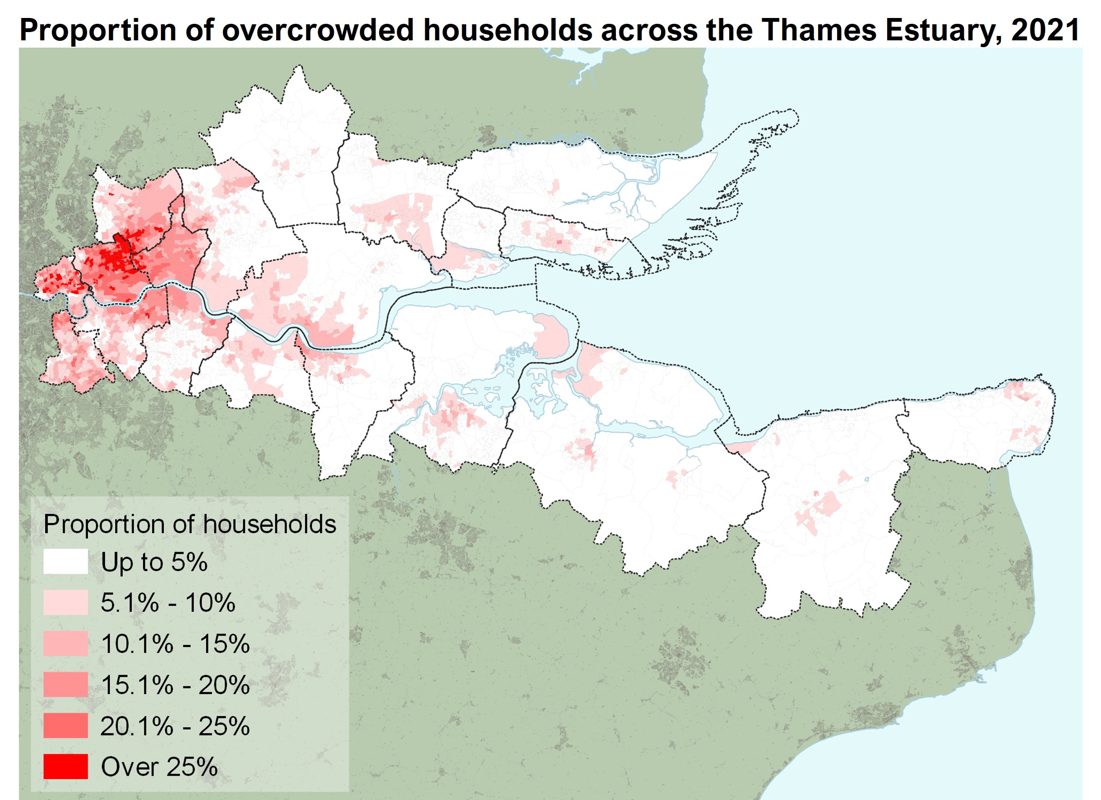 a map of the thames estuary with small areas coloured by the proportion of households that are overcrowded. the highest proportions of overcrowding occur in the London boroughs of Tower Hamlets and Newham, where in some places 25% of households are overcrowded.