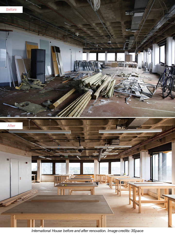 Two pictures (before and after) of a room that has been remodelled in the International house, Brixton